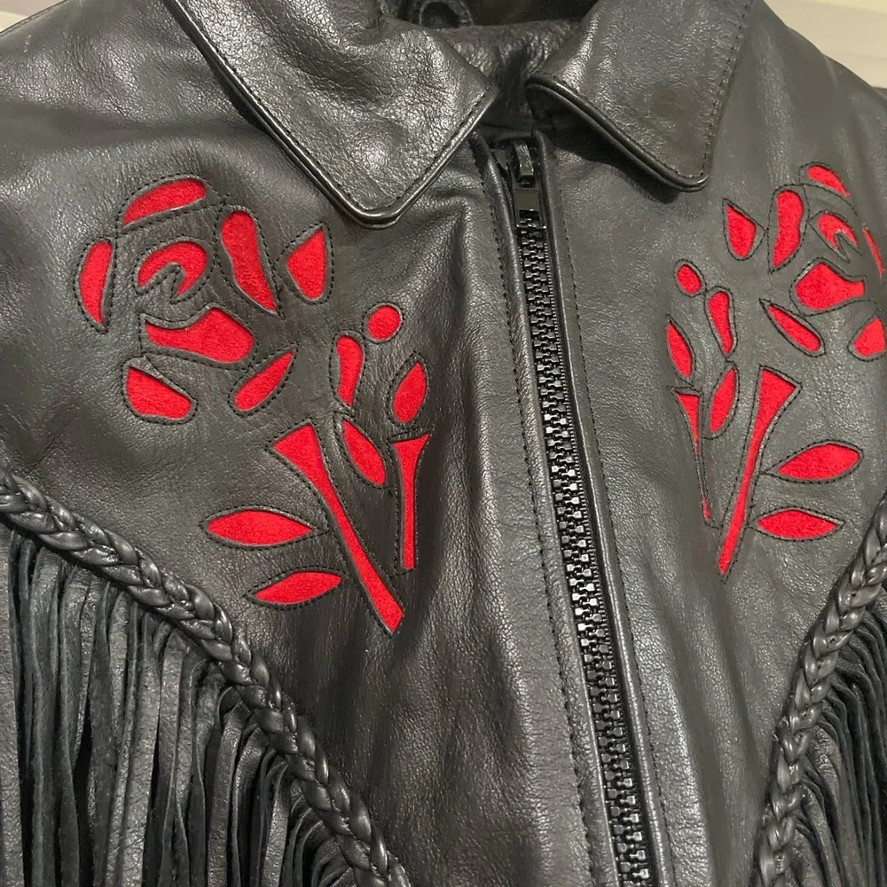 Fringed Black Leather Jacket with Red Floral Appliqué - Picture 2 of 5
